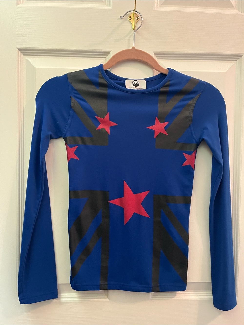 Mugler Royal Blue Crewneck Top with Black Logo Tag
